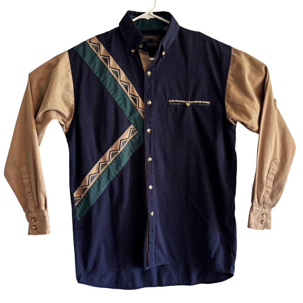 Spindle River Classics Mens Medium Button Shirt Colorblock South Western NavyTan
